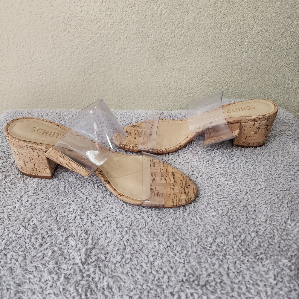 Schutz Clear Cork Block Heel Sandals Womens Size 7.5